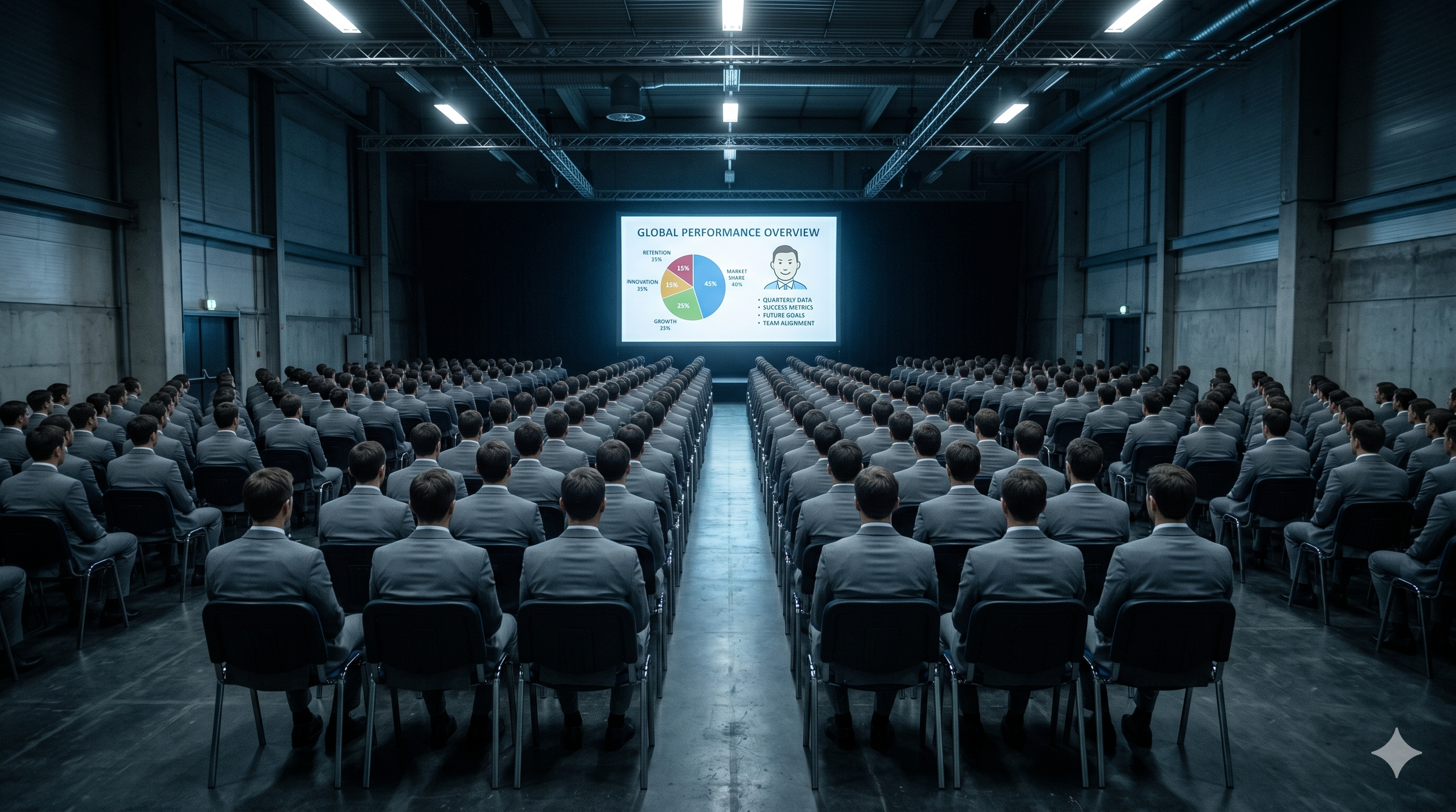 Sală de conferință uniformă — metaforă pentru conformismul informațional MLM